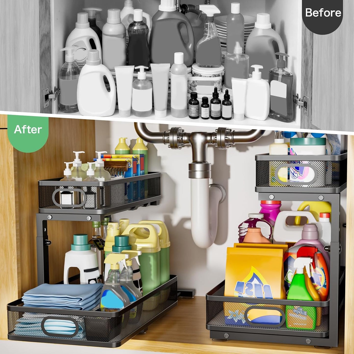 Under Sink Organizer 2-Pack | Adjustable 2-Tier Metal Storage Drawers for Kitchen & Bathroom