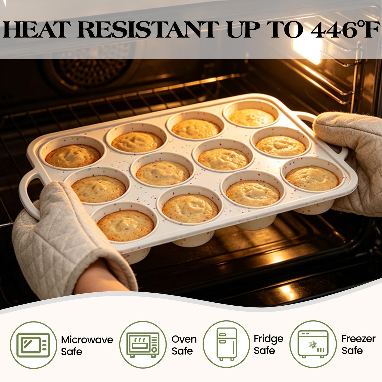 AOTASO Regular 12 Cup and Mini 24 Cup Nonstick Cupcake Pan Set Silicone Muffin Pan for Baking Silicone Cupcake Mold with Metal Reinforced Frame BPA Free (2 Pcs, Cream)