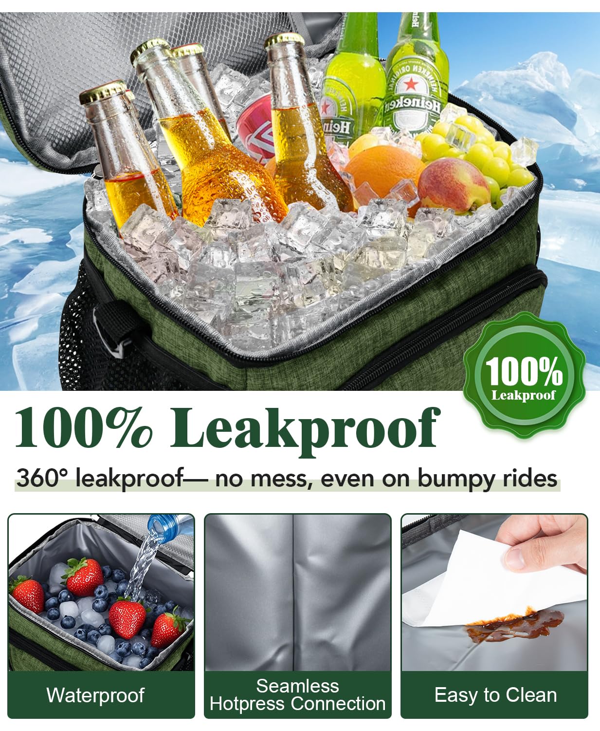 MIAOJIE Insulated Lunch Bag for Men & Women, 9L Leakproof Lunch Box Soft Cooler Tote with 5 Pockets, 600D Oxford, EVA Lining, Adjustable Strap for Work, Picnic, Beach&Travel-Green