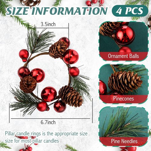 FoldTier Christmas Candle Rings - 4 Pcs Artificial Red Berries & Pine Needles Garland | Rustic Table Centerpieces