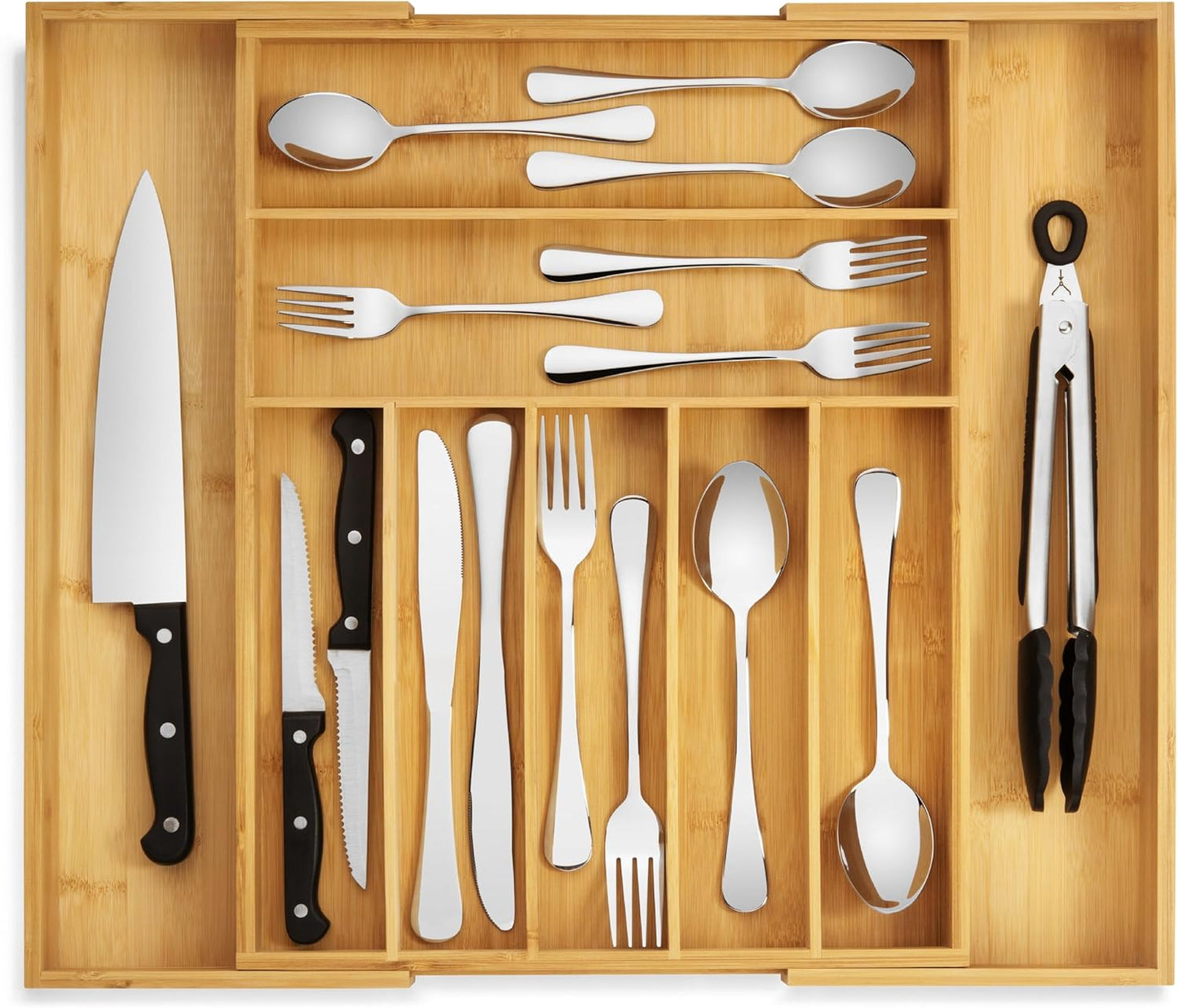 Purawood Bamboo Drawer Organizer - Expandable Cutlery Tray with Dividers | 7-9 Slot Kitchen Utensil Storage (Natural)