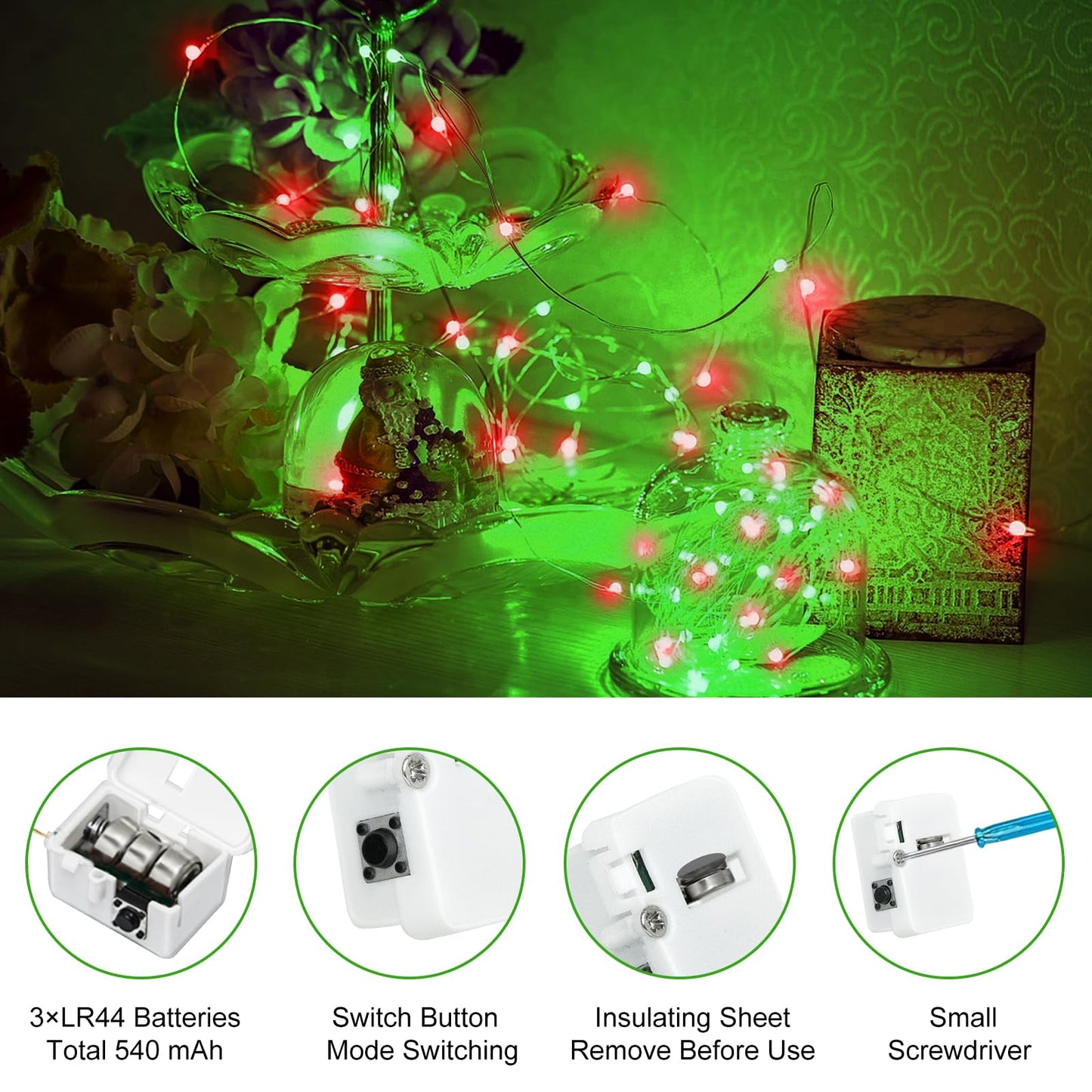 btfarm 12 Pack Fairy Lights Battery Operated [3 Modes], 7ft 20 Led Twinkle Lights String Lights Waterproof Bulk Small Mini Silver Wire for Christmas Mason Jars Wedding Table Centerpiece, Red Green