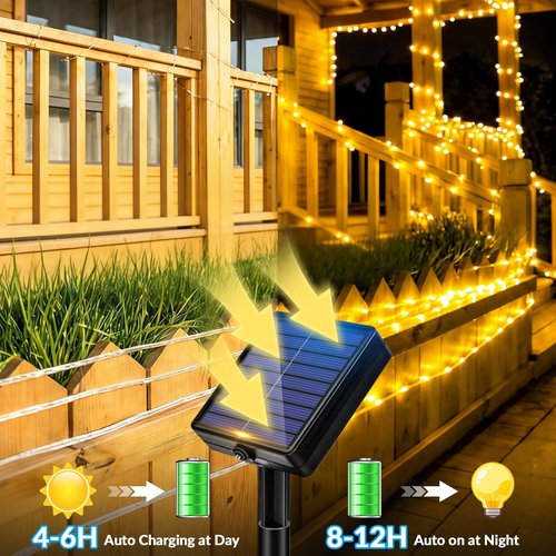 Fairdeer Solar Rope Lights, 33FT 100 LED Solar Fairy Lights with 8 Lighting Modes, IP65 Waterproof Strip Light Outdoor for Garden Yard Patio Deck Fence Tree Party Holiday Decoration, Warm White