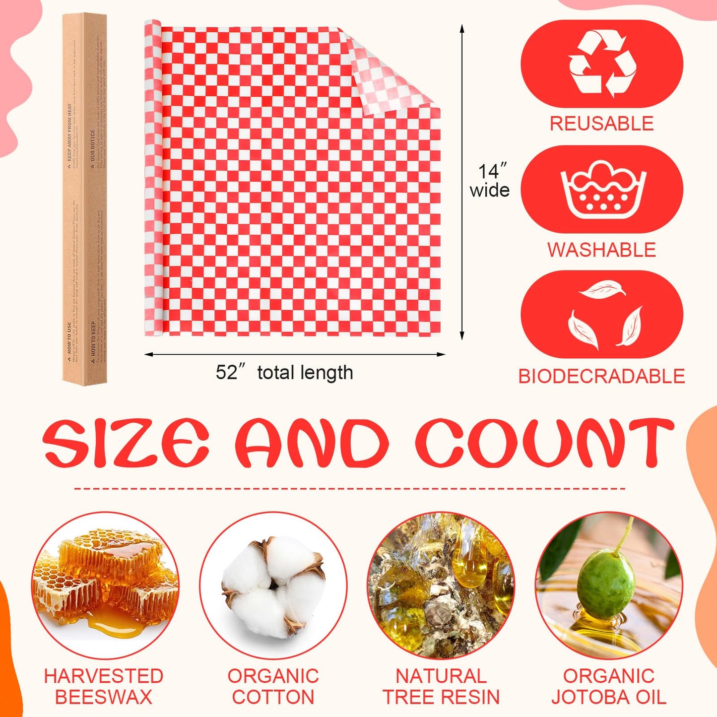 Beeswax Wraps for Food 14x52" Beeswax Food Wraps Reusable Wax Paper Roll Waxed Paper & Bowl Covers Organic & Sustainable Alternative to Aluminum Foil & Plastic Wrap Honeycomb Classic Checkered