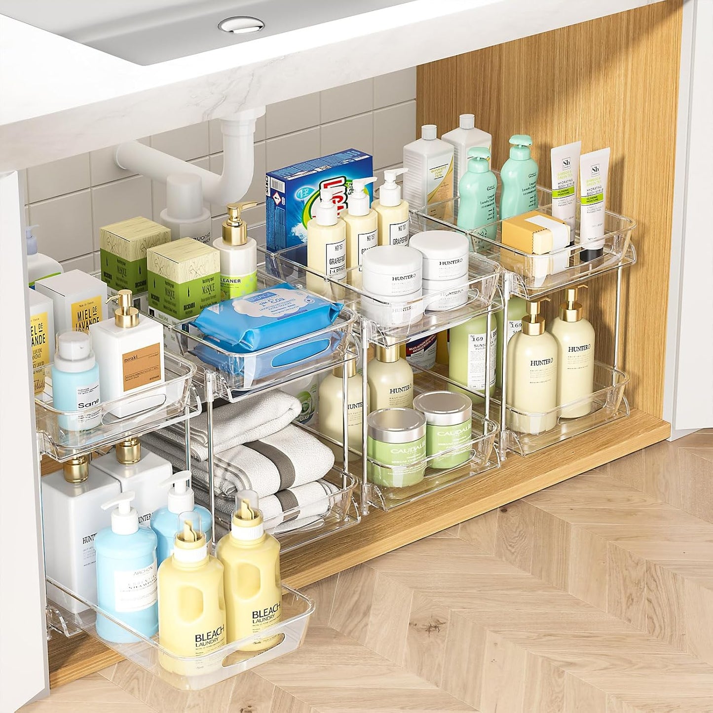 Sevenblue Under Sink Organizer - 2 Tier Multi-Use Pull Out Cabinet Storage with Hooks & Cups | Transparent, 4 Pack