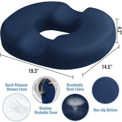 CloudBliss Donut Pillow Seat Cushion Chair Pad for Tailbone Pain Relief and Hemorrhoids, Memory Foam Seat Chair Cushion for Men and Women for Home & Office, (Blue-2XL)