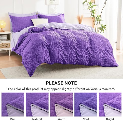 HYMOKEGE California King Comforter Set - Dark Purple & Lavender Seersucker | 7-Piece All-Season Luxury Bedding Set