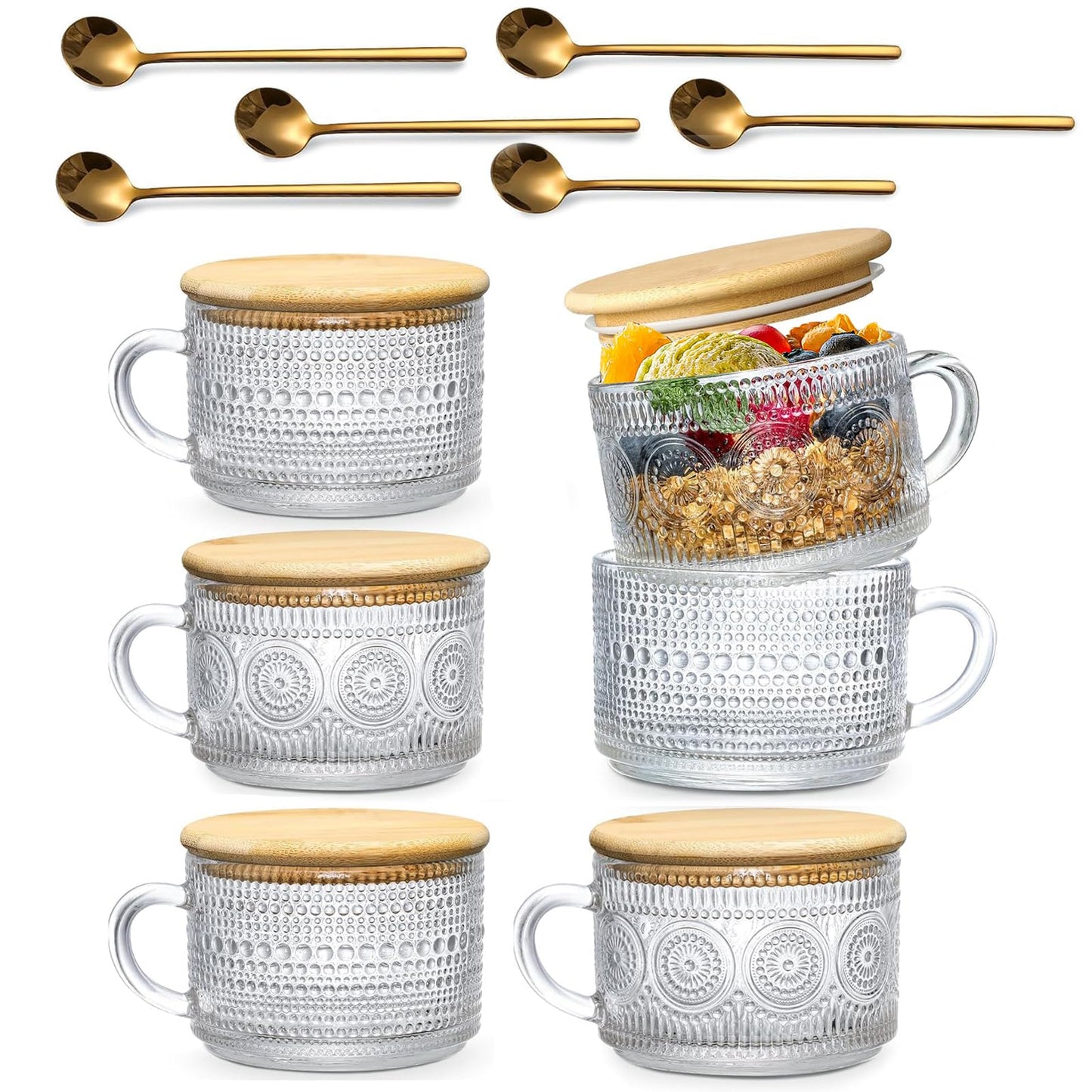 DOPUDO Vintage Glass Coffee Mugs,Overnight Oats Containers With Lids,Glass Cup With Sealed Lid and Spoon,Glass Coffee Mugs,Coffee Bar Accessories,Ideal for Cappuccino, Latte(6-Pack,14oz)