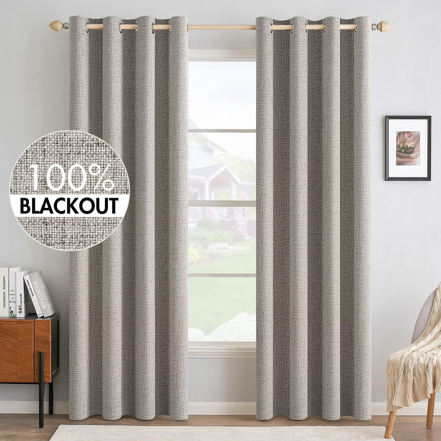 MIULEE 100% Blackout Linen Textured Curtains - Thermal Insulated Room Darkening Drapes | Warm Taupe, 52 x 72 Inch (2 Panels)