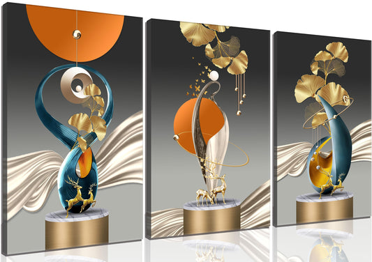 3Pcs Bright Style Wall Art Abstract Golden Deer Geometry Canvas Painting Art Modern Luxury Foil Prints Posters White Blue Orange Color Grey Painting Pictures for Hallway Office Home Wall Decor Framed