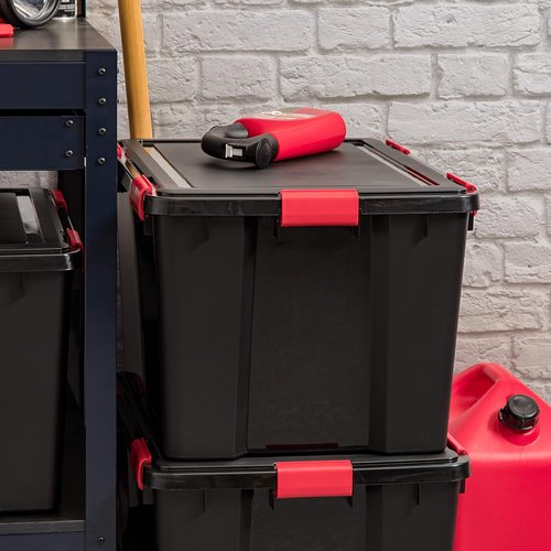 IRIS USA WeatherPro 74 Qt Storage Bins - BPA-Free Plastic with Tight Seal & Latch | Stackable Black/Red 4-Pack
