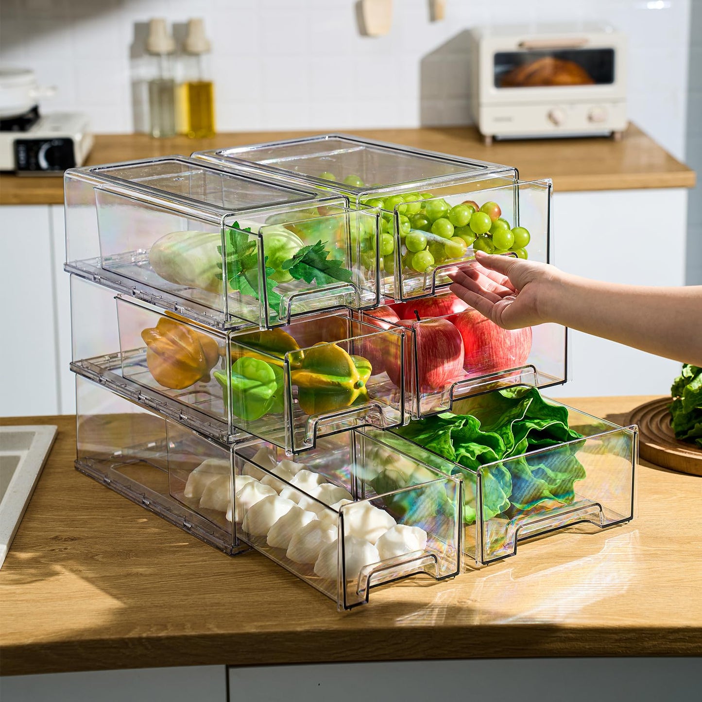 PiJeyiee Clear Stackable Refrigerator Organizers and Storage Drawers - Pull-Out Fridge Bins with handles for Kitchen，Pantry，Cabinet，Bathroom, Undersink，Closet (2 Pack)