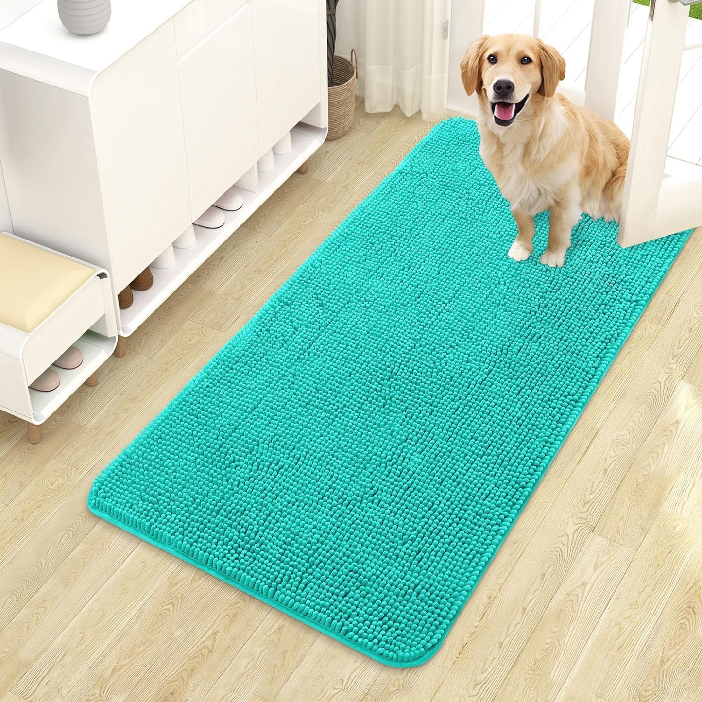 OLANLY Dog Door Mat - Absorbent Non-Slip Washable Doormat for Muddy Paws | 44x24 Teal Chenille Mat