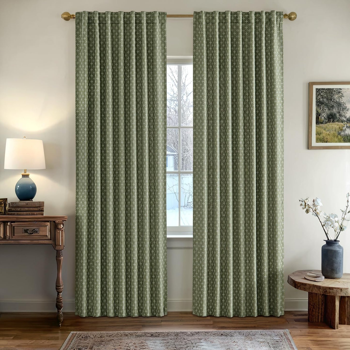 MIULEE Linen Curtains - Geometric Patterned Drapes for Living Room & Bedroom | 84-Inch Olive Green, 2 Panels Set