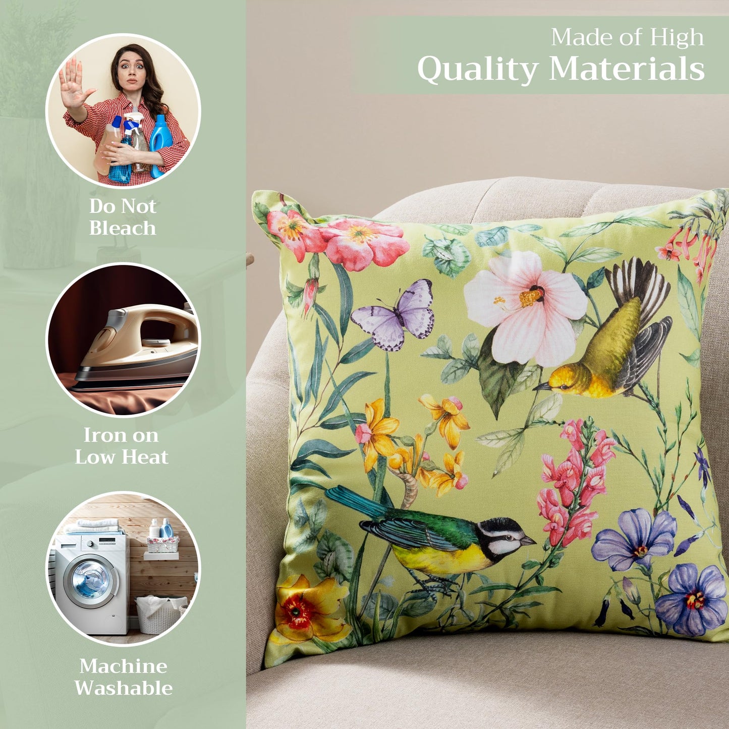 Maison d' Hermine Decorative Pillow Covers 18 x 18 inch Square 100% Cotton Throw Pillow Covers with Invisible Zipper for Living Room Couch Chair Sofas Gifts for Mothers Day - Hesperides - Oiseaux
