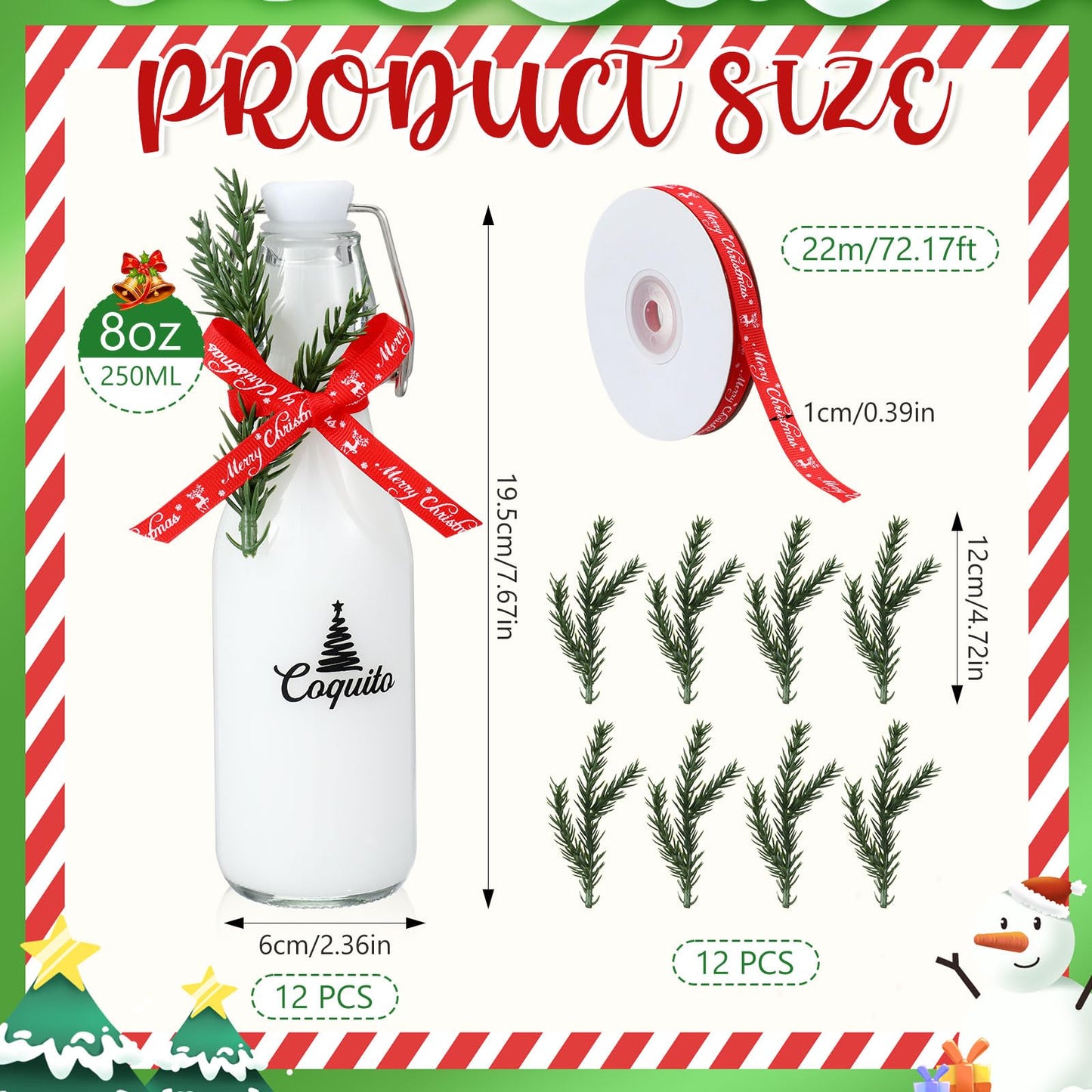 Sieral 12 Pack Christmas Coquito Glass Bottle 8oz Clear Flip Swing Top Beer Brewing Bottles with Ribbon and Artificial Branches for Liquids Wine Christmas Tree Xmas Gifts
