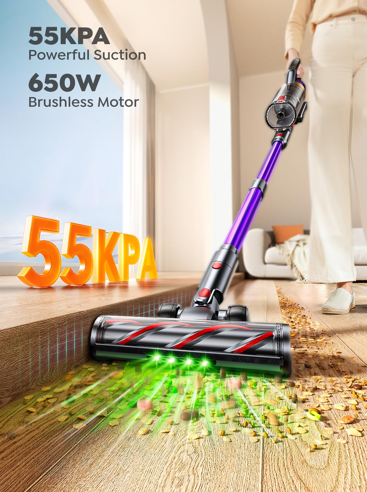 INTETURE Cordless Vacuum Cleaner, 650W 55KPA 70 Mins Vacuum Cleaners for Home, Anti-Tangle Stick Vacuum with Touch Screen, Wall Mount Charging, Upgraded Vacuum Cordless for Pet Hair/Carpet/Floors