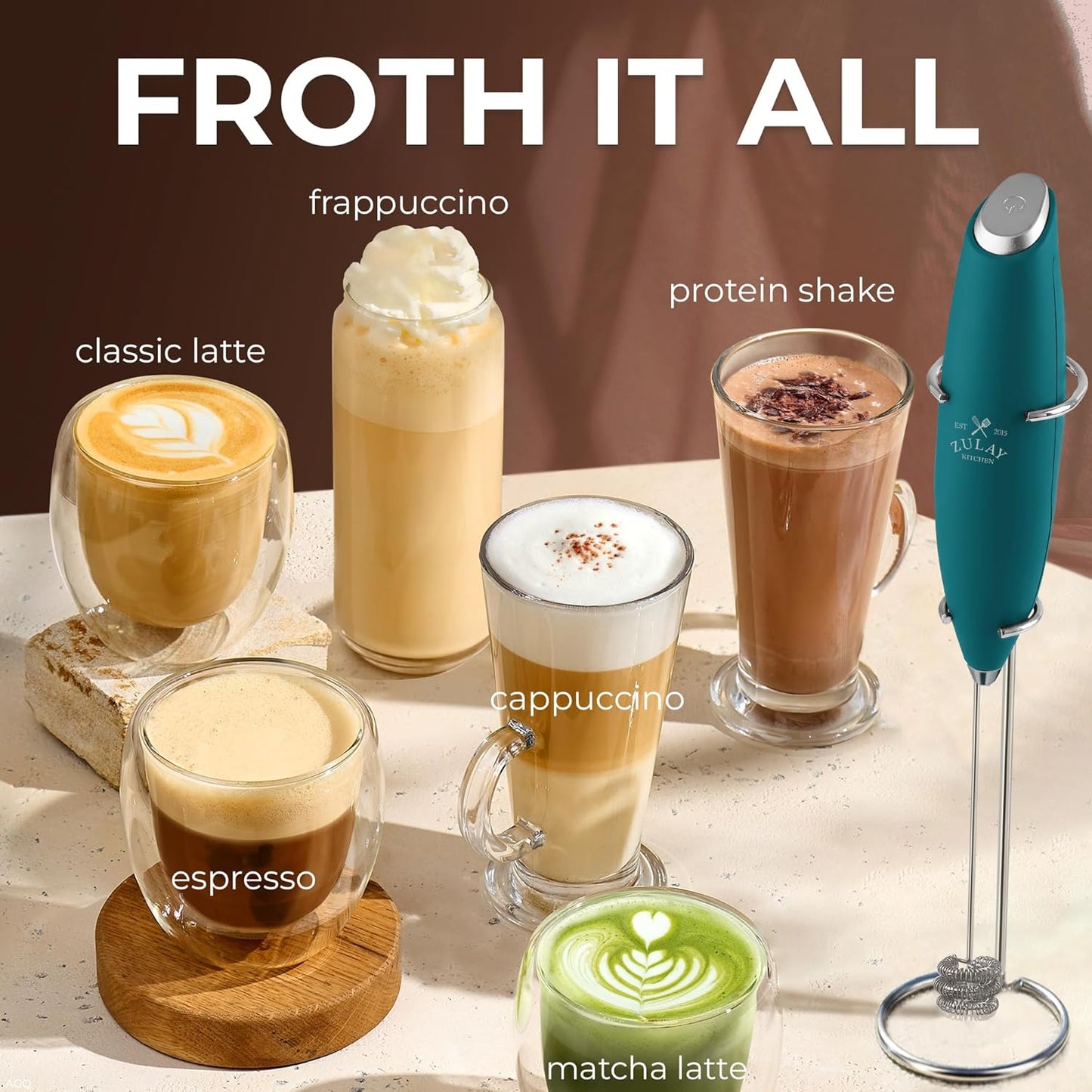 Zulay Kitchen Tornado Triple Whisk Milk Frother - Handheld Foam Maker for Coffee & Lattes | Vivid Emerald with 4 Duracell Batteries