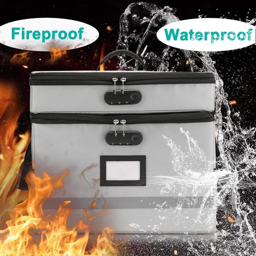 **EXLIFBAG Fireproof Document Organizer Box - Portable 2-Layer File Storage with Lock & Handle**