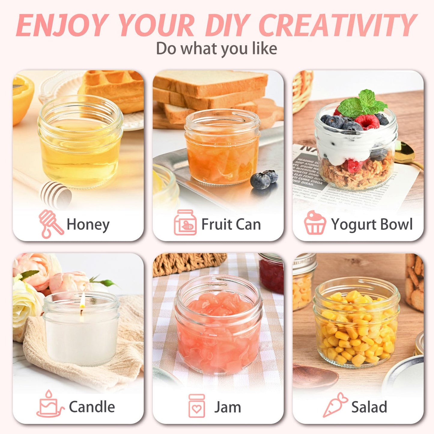 TUZAZO 4 oz Mini Mason Jars with Lids 8 Pack, 4oz Small Glass Mason Canning Jars for Jam Jelly Yogurt Dessert, Shower Wedding Favors Decor