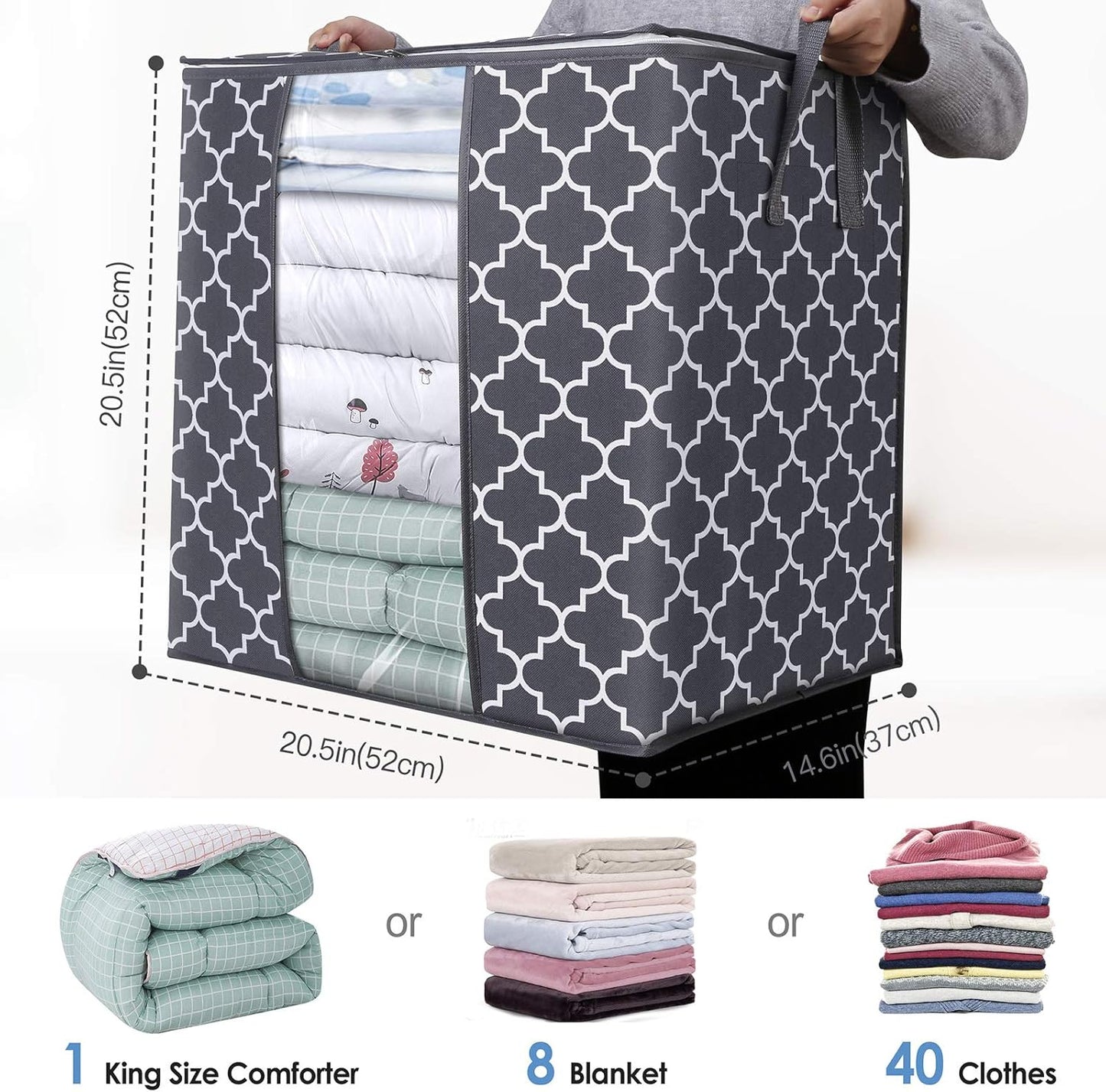 WISELIFE Storage Bags - 3 Pack 100L Large Blanket & Clothes Organizers | Foldable with Clear Window & Sturdy Zippers, Gray