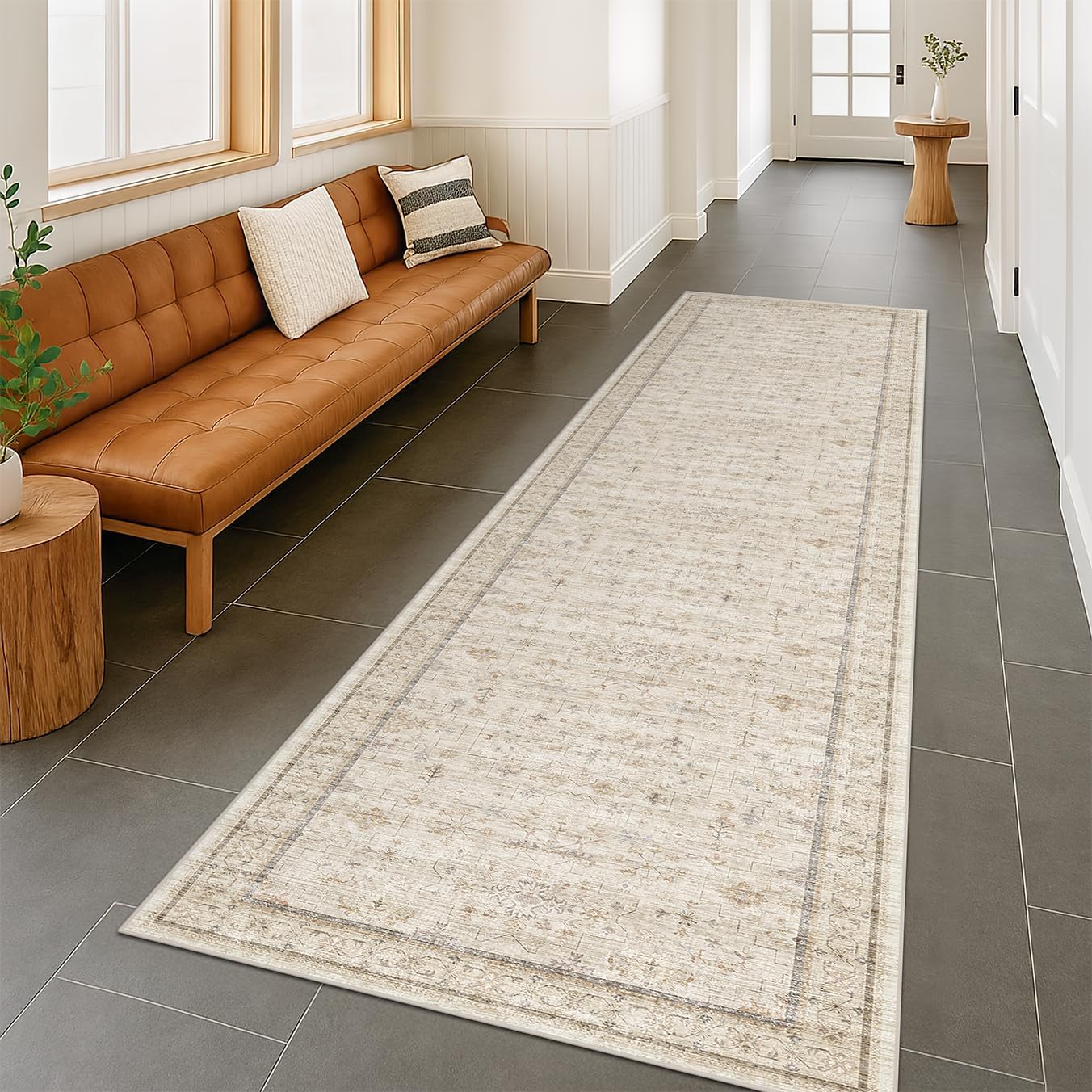 Regine Switzerland Washable 2x8 Runner Rug - Non-Slip, Stain Resistant, Vintage Beige Geometric Floral Design for Hallway & Kitchen