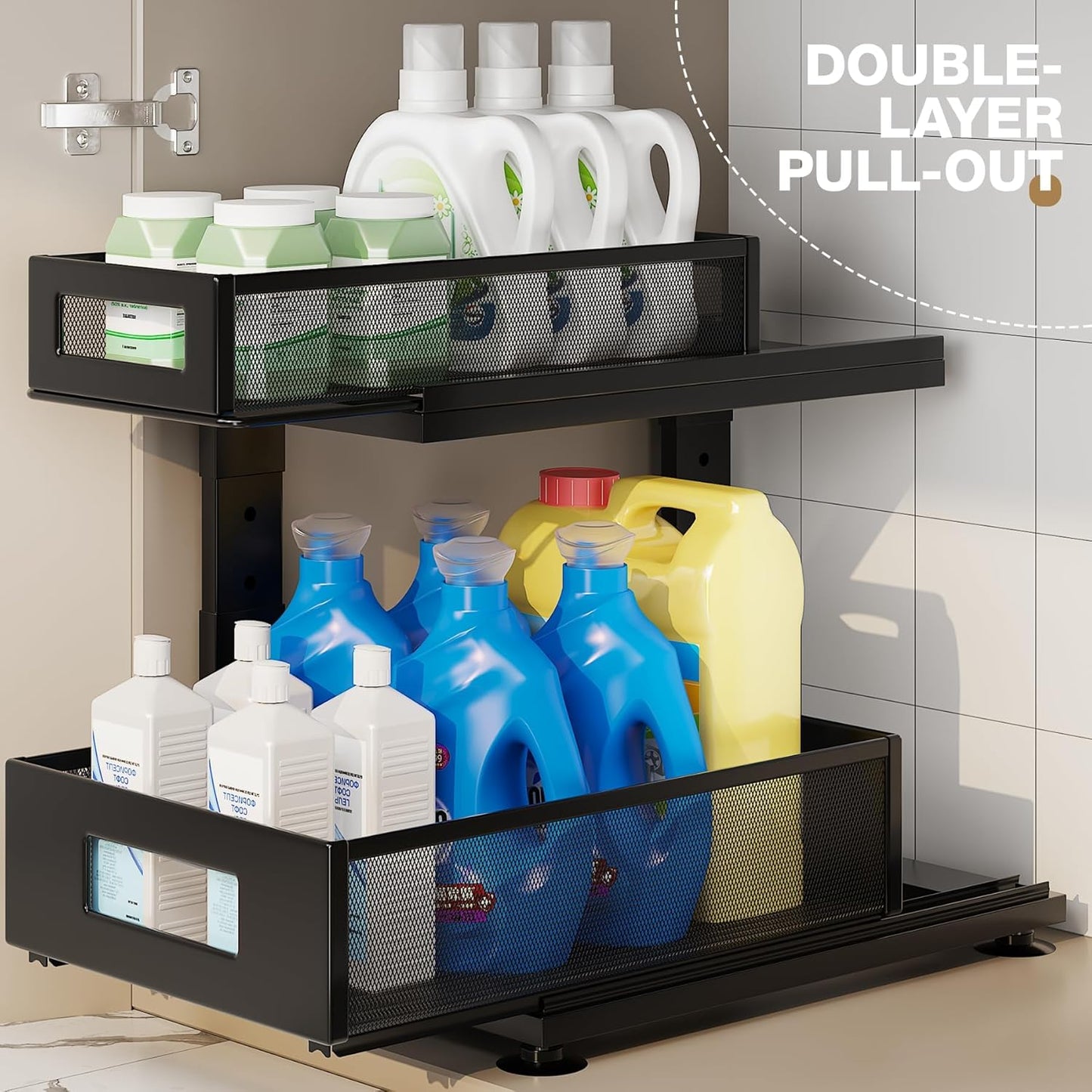 Next-Gen Under Sink Organizer by [Brand Name] - 2-Tier Pull-Out Cabinet Storage with Adjustable Height