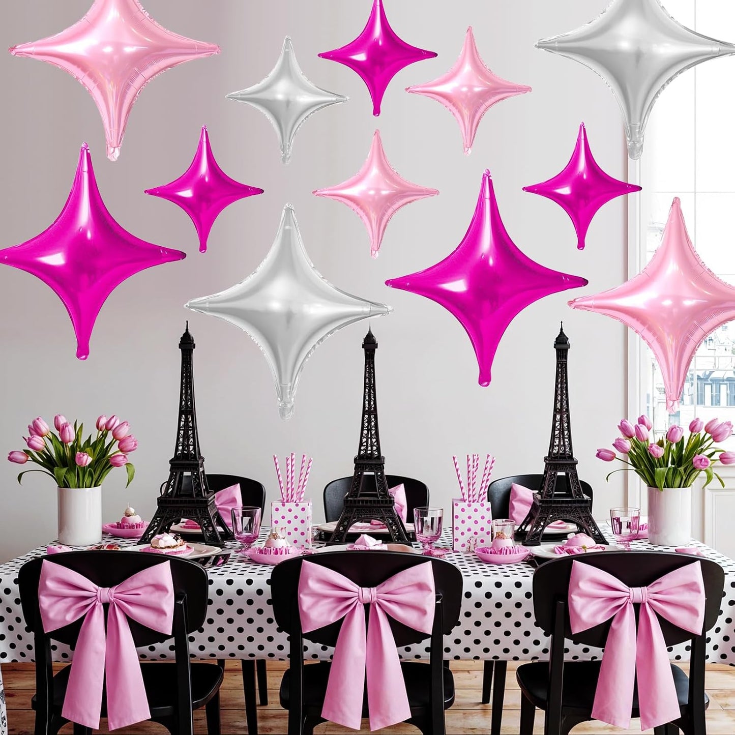 Skiennix Pink Silver Star Balloons - 12 Pcs Foil Balloons | 26-Inch & 10-Inch for Birthday & Anniversary Decor