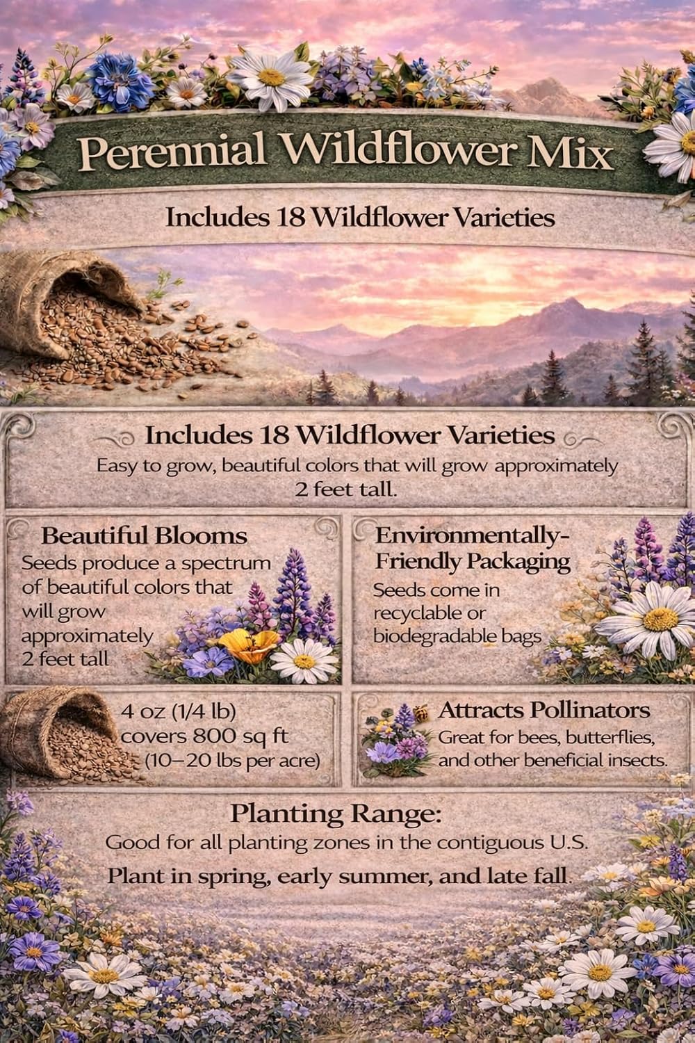 United States Nationwide Bulk Wildflower Seed Mix - Ideal for All U.S. Zones | Covers 2,000 Sq Ft (1 Pound)