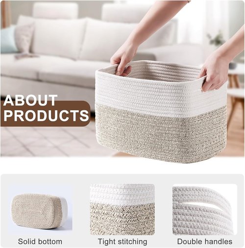 Homsorout Cotton Rope Baskets for Organizing | 12” Decorative Woven Storage Bins - 4 Pack in White/Brown