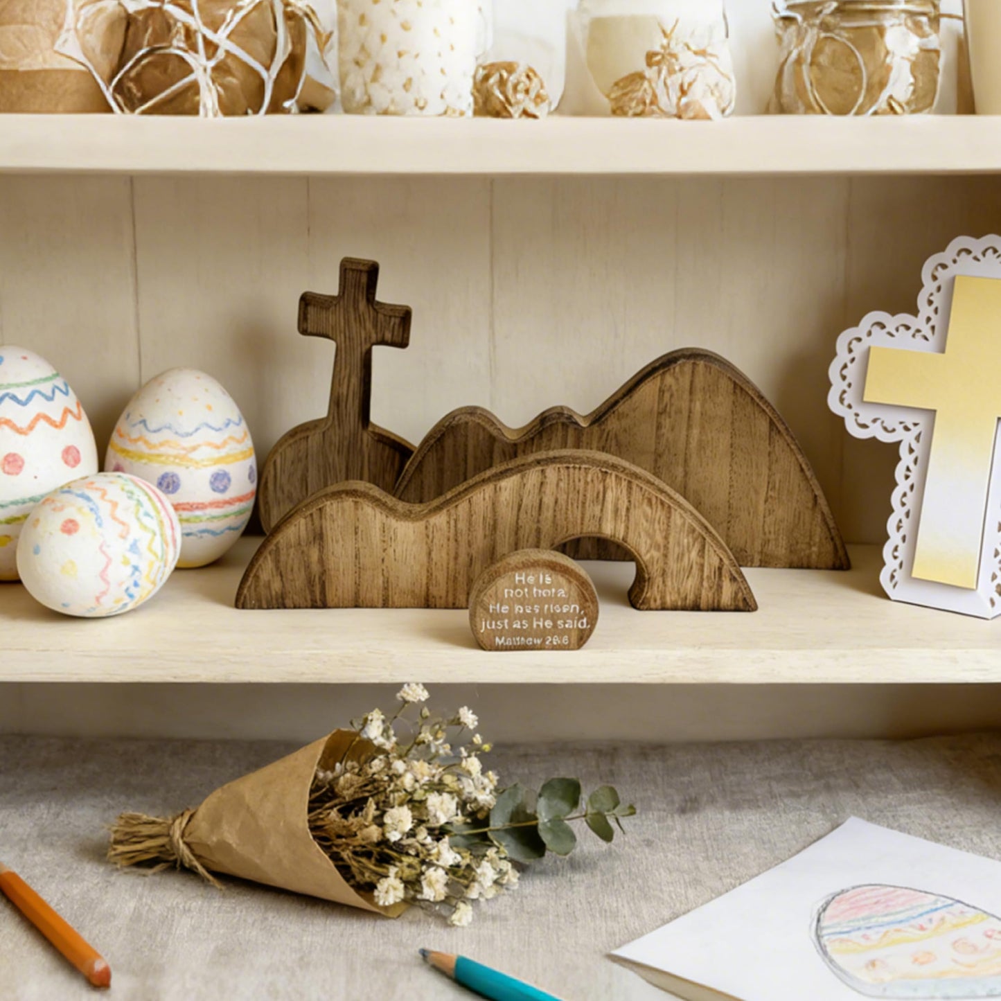 FESTGLOX Wooden Empty Tomb Set with Cross, Empty Tomb Easter Scene for Christian Decoration, Wooden Easter Resurrection Scene for Religious Display, Home Office Tabletop Tray, Church, Shelf Decor