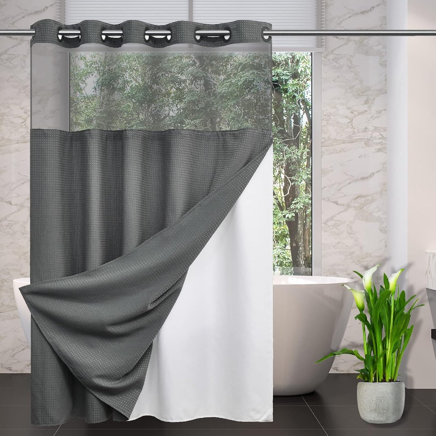 Skiennix Waffle Weave Shower Curtain - Hotel Grade Waterproof with Snap-In Liner | Heavy Duty 71" x 74" - Grey