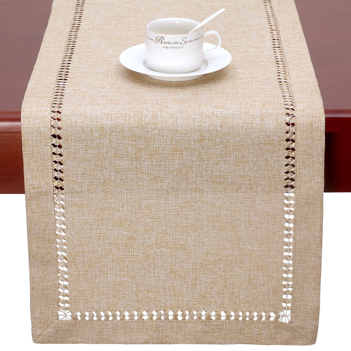 Grelucgo Handmade Hemstitch Beige Table Runner Or Dresser Scarf, Rectangular 14 by 48 Inch