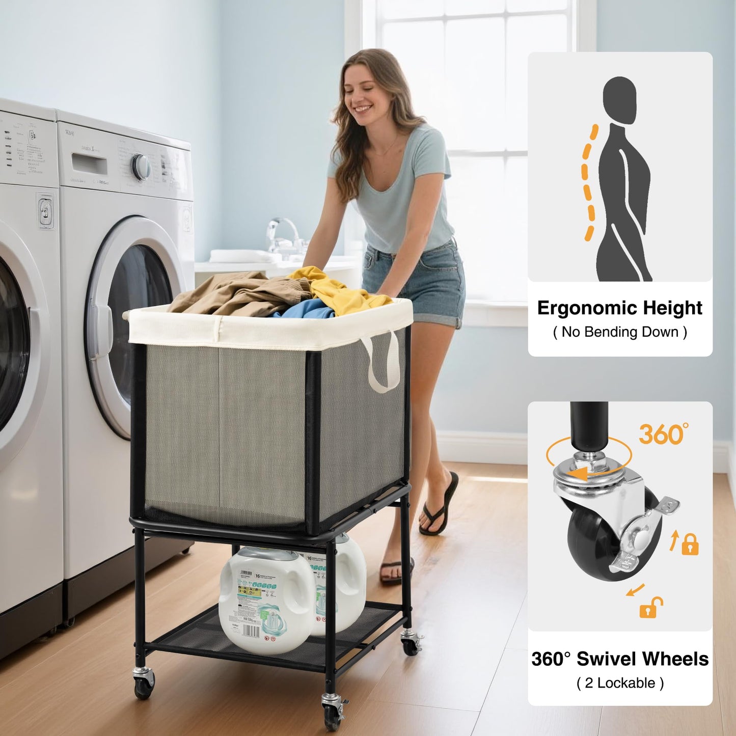 STO STO Rolling Laundry Hamper with Lockable Wheels, 29-Gallon (110L) Laundry Cart with Removable Canvas Bag, 2-Tier Clothes Basket Hamper with Shelf for Closet, Bedroom, Bathroom, Laundry Room