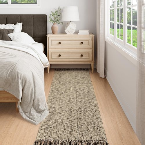 Collive Long Hallway Runners Rug 2.6x7, Farmhouse Washable Kitchen Runner Rug for Bedroom, Natural/Black Braided Woven Entryway Rug Low-Profile Front Door Floor Carpet for Laundry Bathroom Living Room