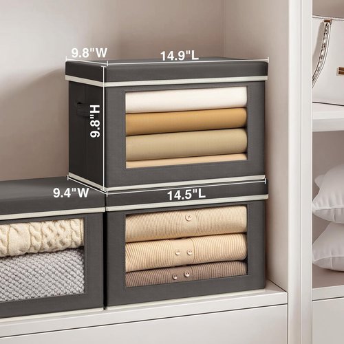 Homsorout Stackable Storage Bins - Medium Foldable Closet Organizer with Lids | 4-Pack Dark Grey