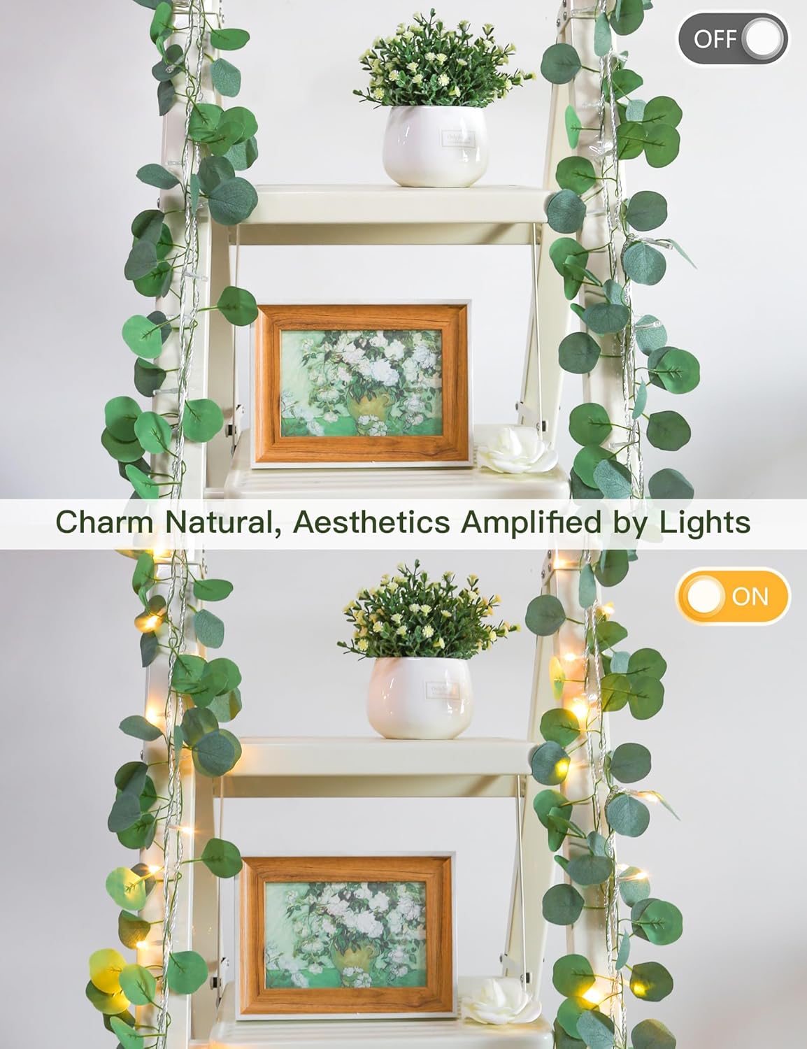 Suddus Eucalyptus Garland String Lights - 33ft 100 LED Remote-Controlled Leaf Lights for Bedroom, Garden, Party, Wedding Decor (Warm White)