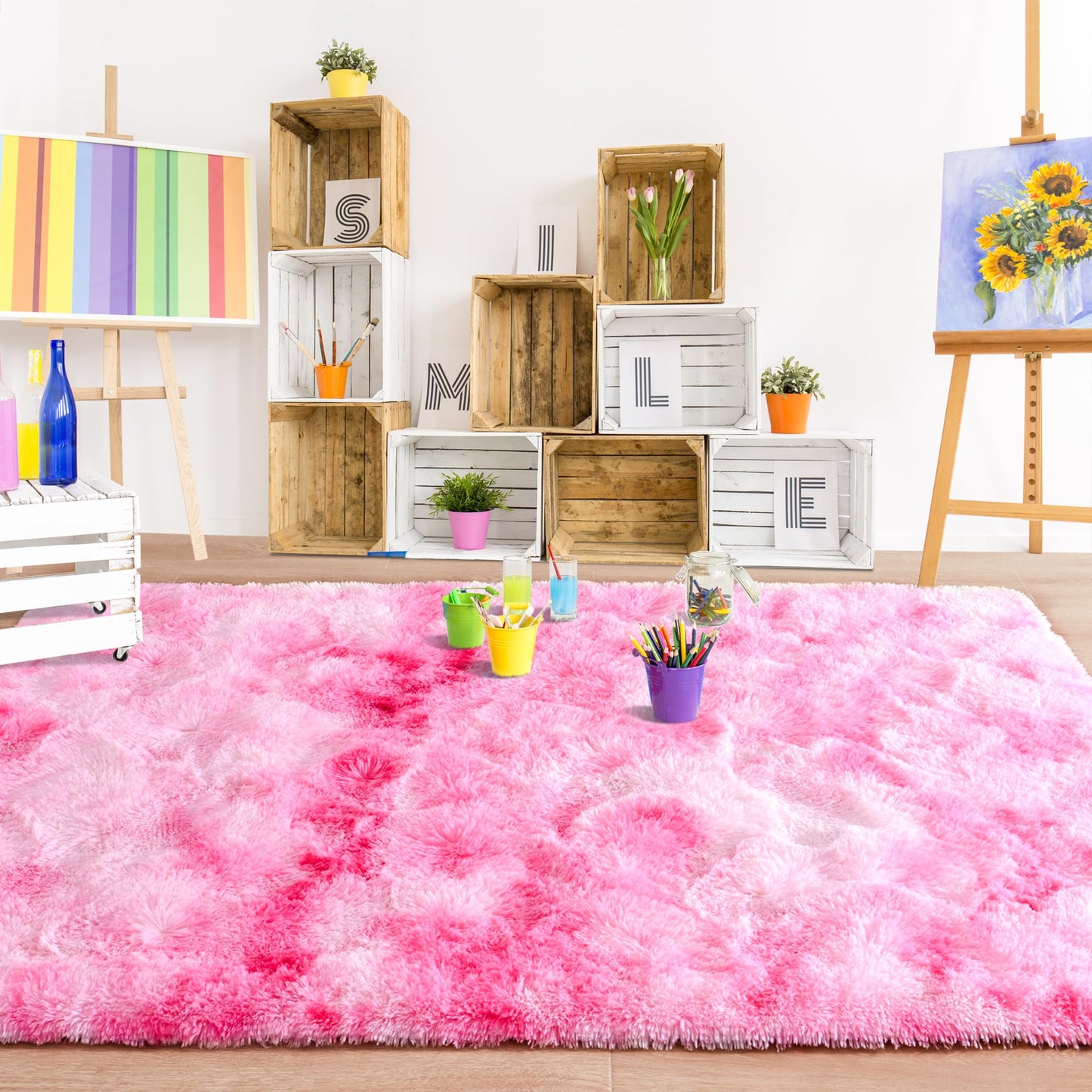 Foxmas Large Area Rugs for Living Room Bedroom 5x8 Feet, Fluffy Kids Room Plush Shaggy Nursery Rug Furry Throw Carpets for Boys Girls, College Dorm Fuzzy Rugs Home Decorate Rug, Tie-Dyed Pink