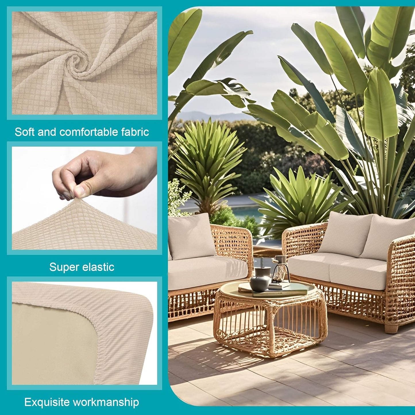 Skiennix 14-Piece Stretch Patio Cushion Covers - Washable Outdoor Sofa Slipcovers | Beige