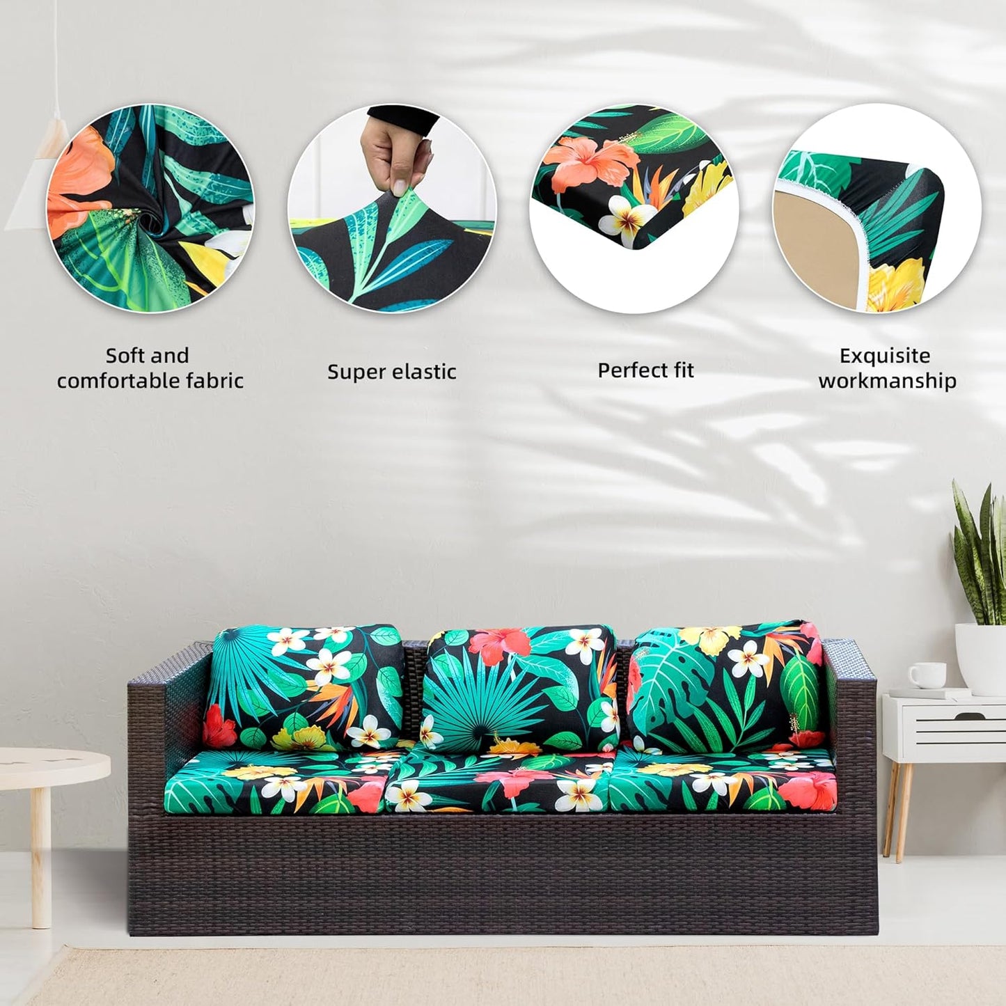 Skiennix 8-Piece Stretch Patio Cushion Covers - Washable Floral Leaf Slipcovers for Outdoor Furniture