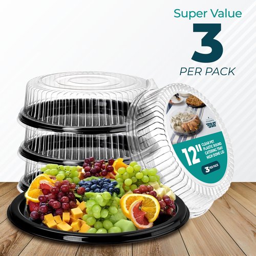 12" Catering Trays With Lids [3 Pack] - Black Serving Tray, Clear Lid, Plastic Disposable Round Party Platters, Flan Containers, Dessert Sandwich Cookie Food Trays for Parties