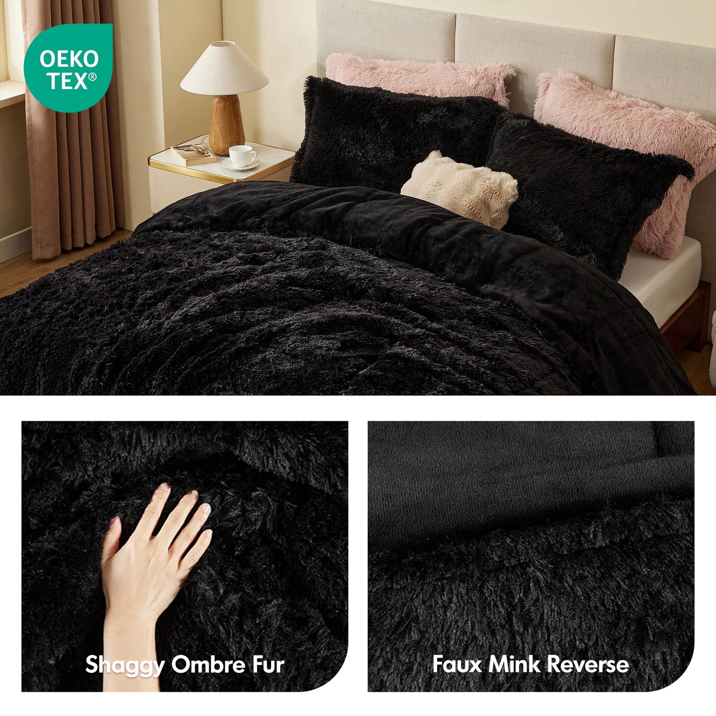 Intelligent Design Malea Shaggy Comforter Set, Long Faux Fur Cozy Down Alternative, Modern Casual Ultra Soft All Season Fluffy Bedding with Matching Sham,Twin/Twin XL, Black 2 Piece