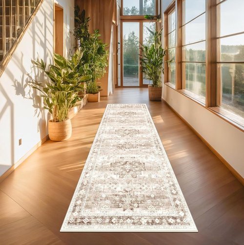 Hazo Haus Washable Beige Hallway Runner Rug - Non-Slip & Stain Resistant | 2'6"x8' Boho Floral Decor