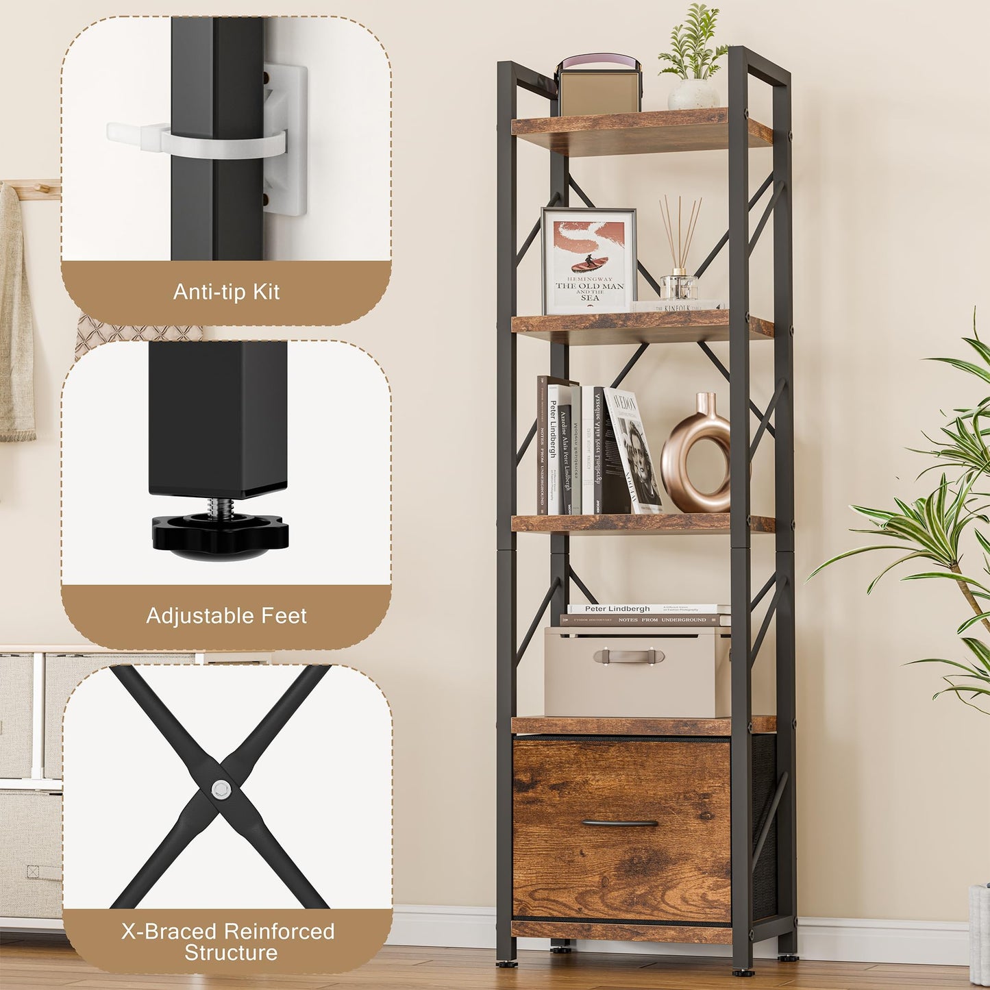 Shintenchi 5 Tier Bookshelf with Drawer, Tall Narrow Industrial Bookcase - Open Standing Shelf Unit, Freestanding Wood & Metal Display Shelves Storage Organizer for Bedroom, Living Room, Rustic Brown