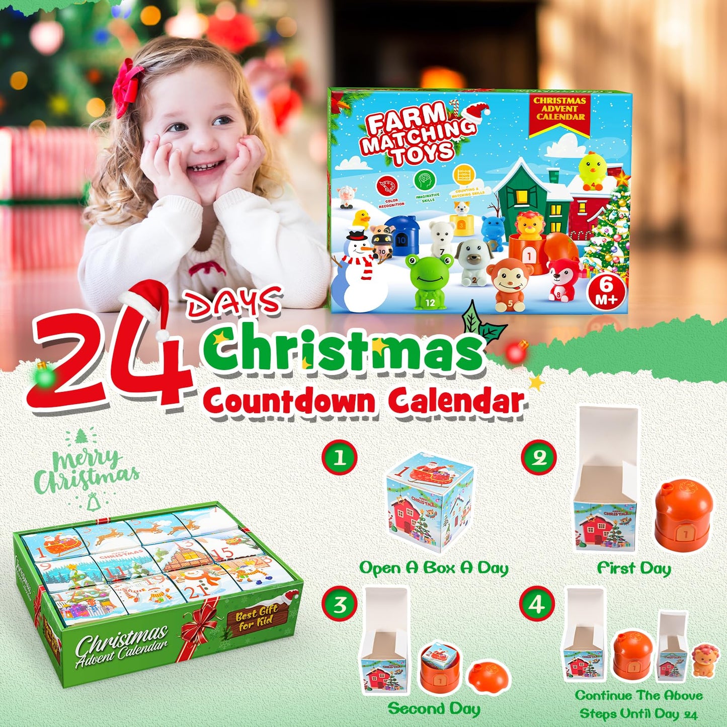 2025 Christmas Advent Calendar, 24 Days Countdown Calendars Finger Puppets with Farm Animal Toys for Toddlers Preschool Learning Educational Toys Xmas Gifts for 1-3 Year Olds Boys Girls Montessori Toy