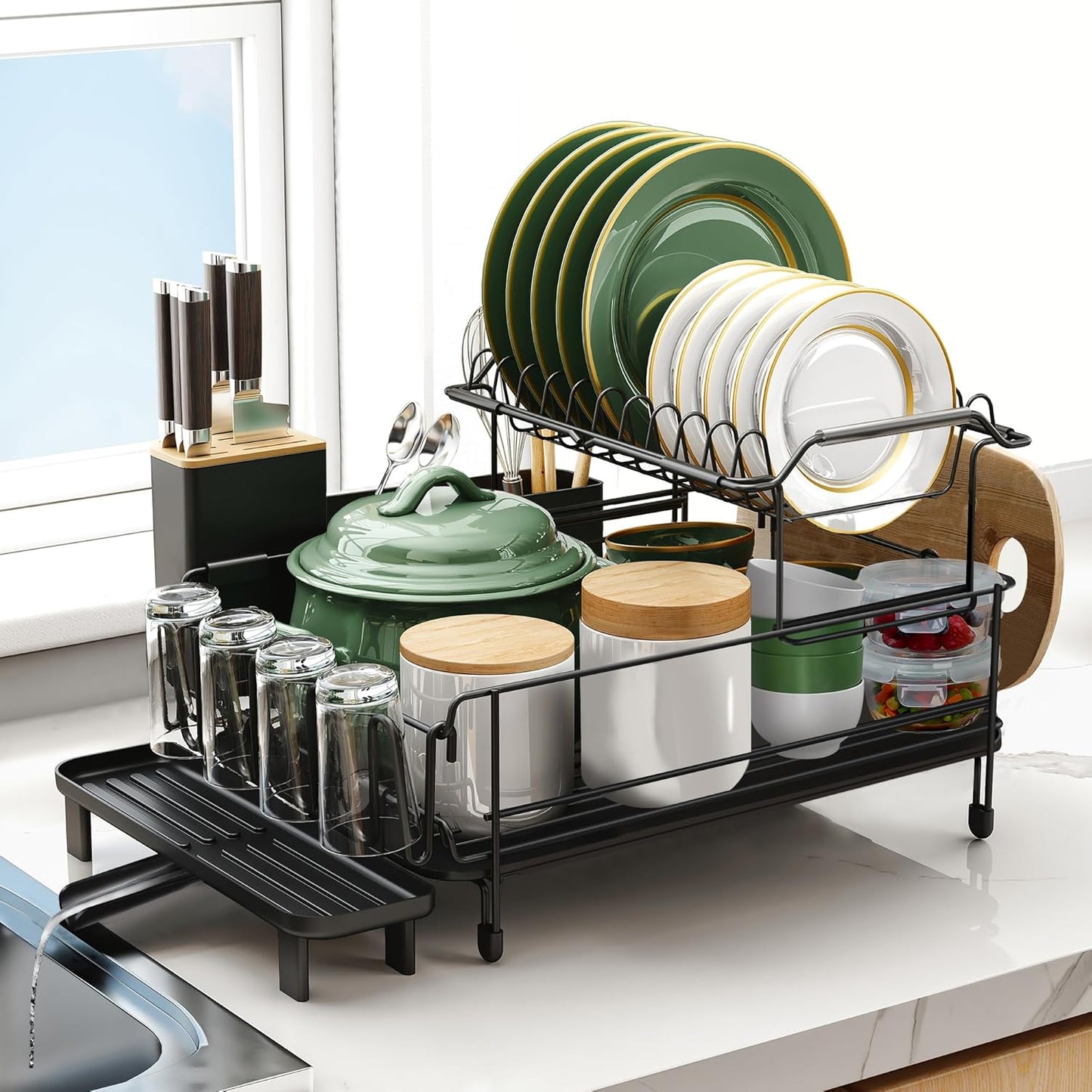 Runnatal Stainless Steel Dish Drying Rack - 2-Tier Large Capacity with Detachable Drainboard | Anti-Rust Design