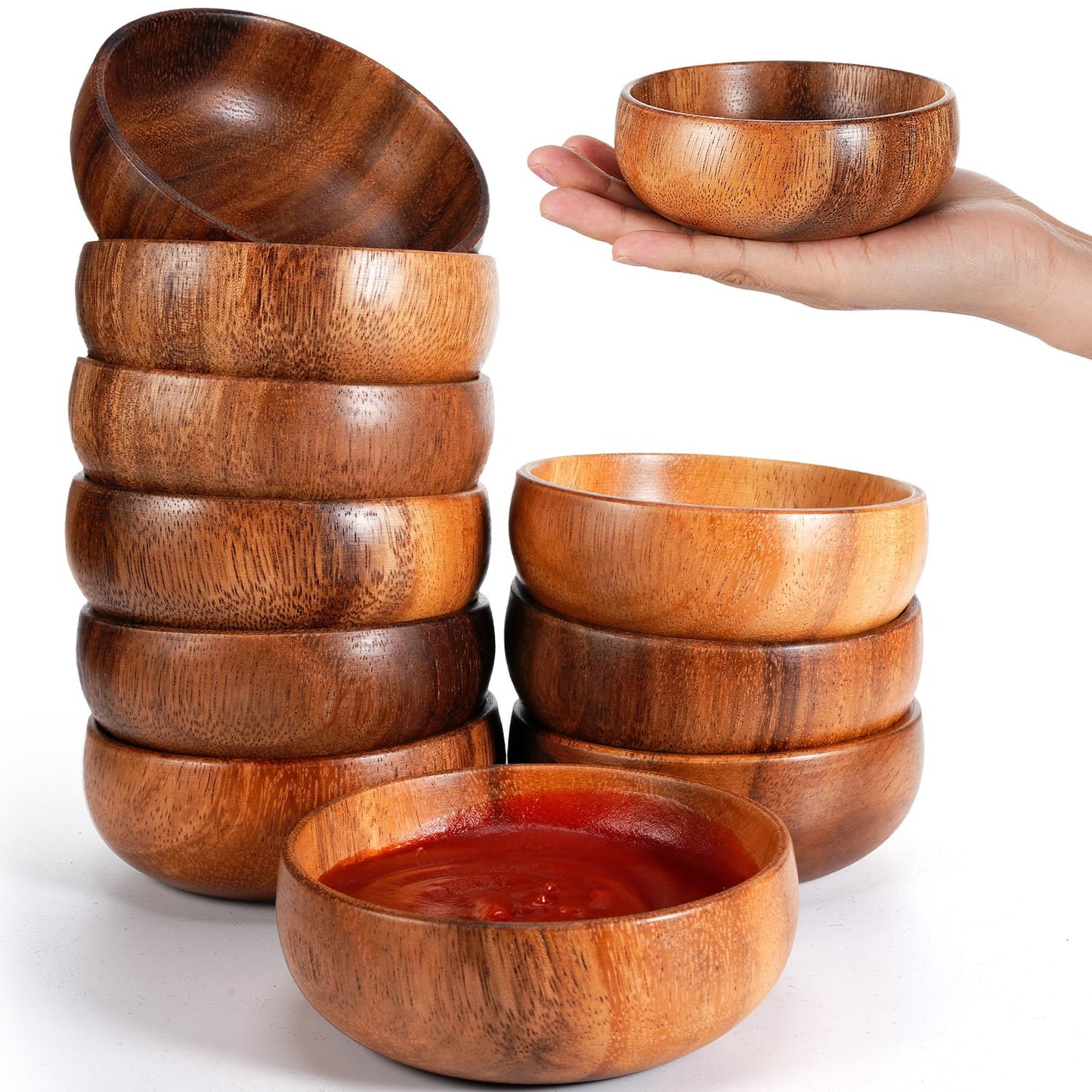 Skylety 6 Pcs Acacia Wooden Bowls Small Calabash Bowls Round Wood Salad Hand Carved Calabash Dip Tray for Serving Popcorn Pasta Coconut Nuts Sauce Appetizers Home Kitchen (4 Inch)