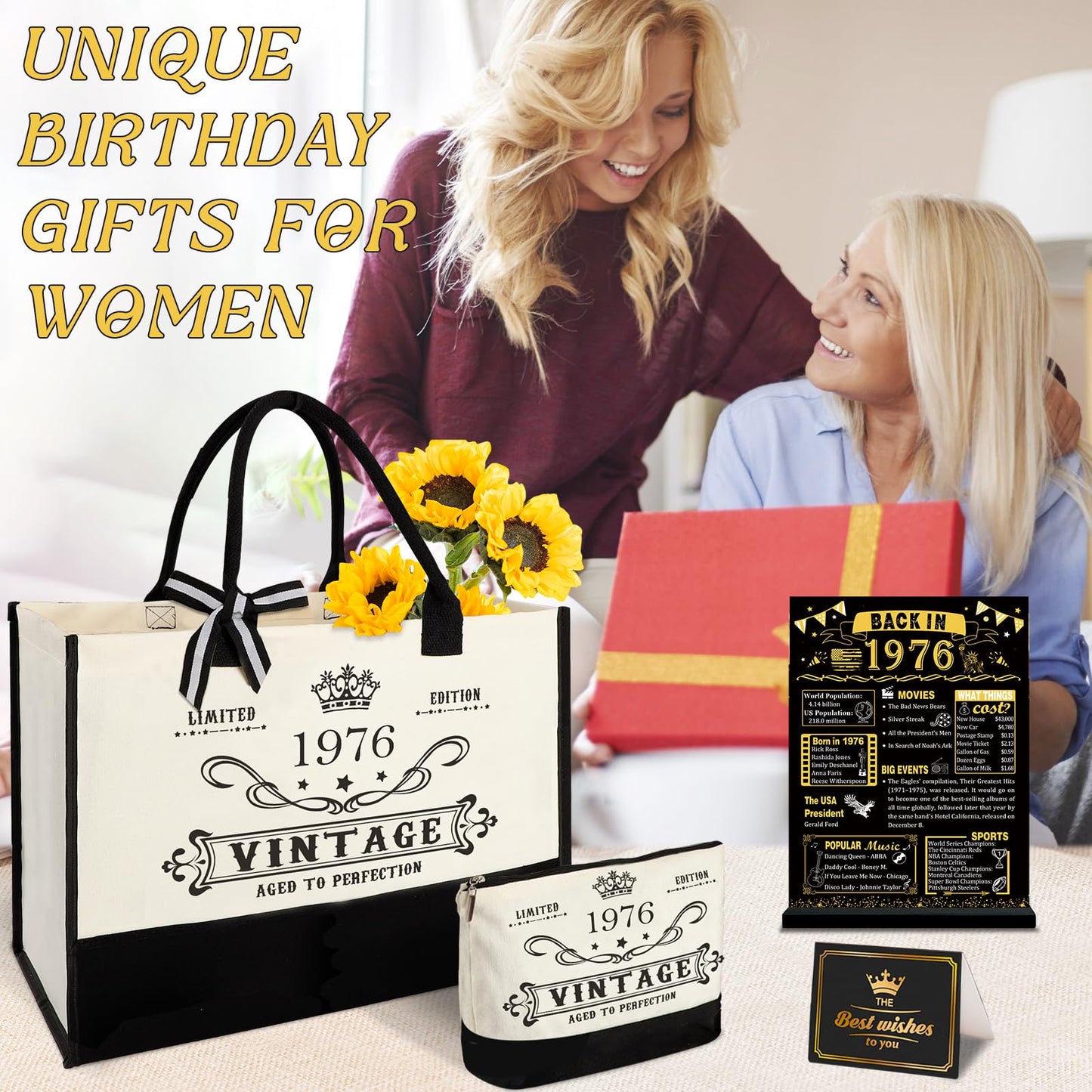 YeohJoy 50th Birthday Gifts for Women Canvas Tote Bag Travel Gear, Unique 50 Years Old Birthday Gifts for Mom Wife Aunt Friends Her, Vintage 1976 Handbag & Cosmetic Bag & Back in 1976 Poster