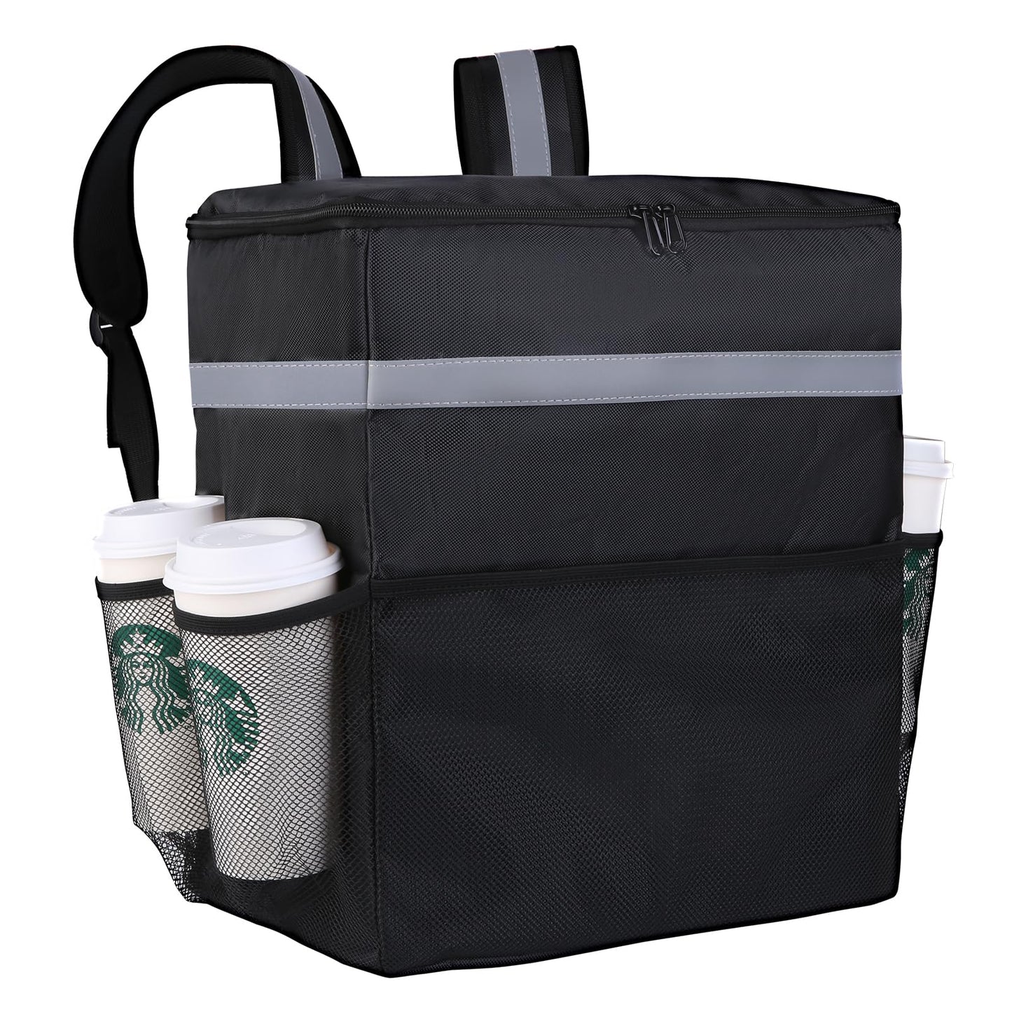 CIVJET Insulated Food Delivery Backpack with 4 Cup Holder, Cooler Bags, Insulated Food Delivery Bag for Hot/Cold Food for Bike, Insulated Reusable Grocery Shopping Backpack for（Black）