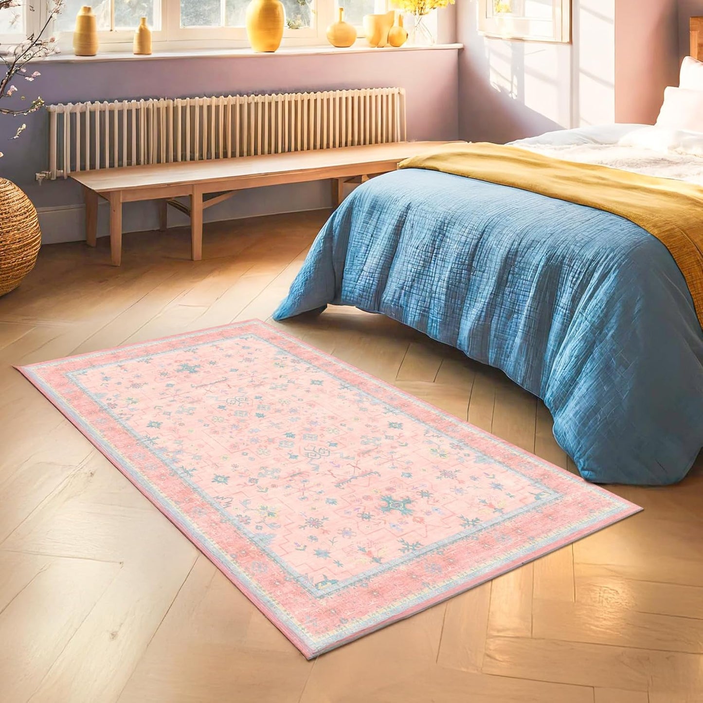 Skiennix Washable 3x5 Pink Rug - Soft Faux Wool, Non-Slip, Stain Resistant | Ideal for Girls' Bedroom & Nursery